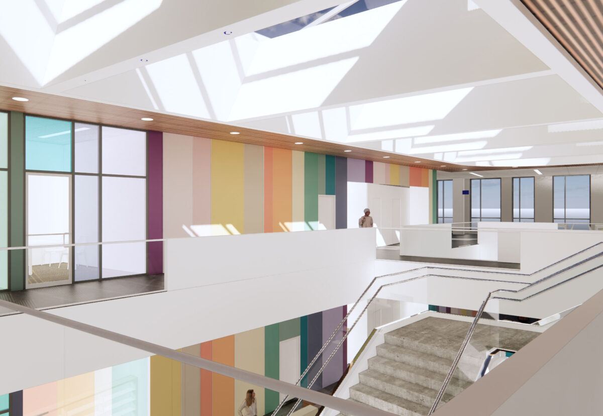 Interior rendering of a double height atrium space illuminated by skylights with a central staircase and peripheral rooms decorated with striped walls and colored glass