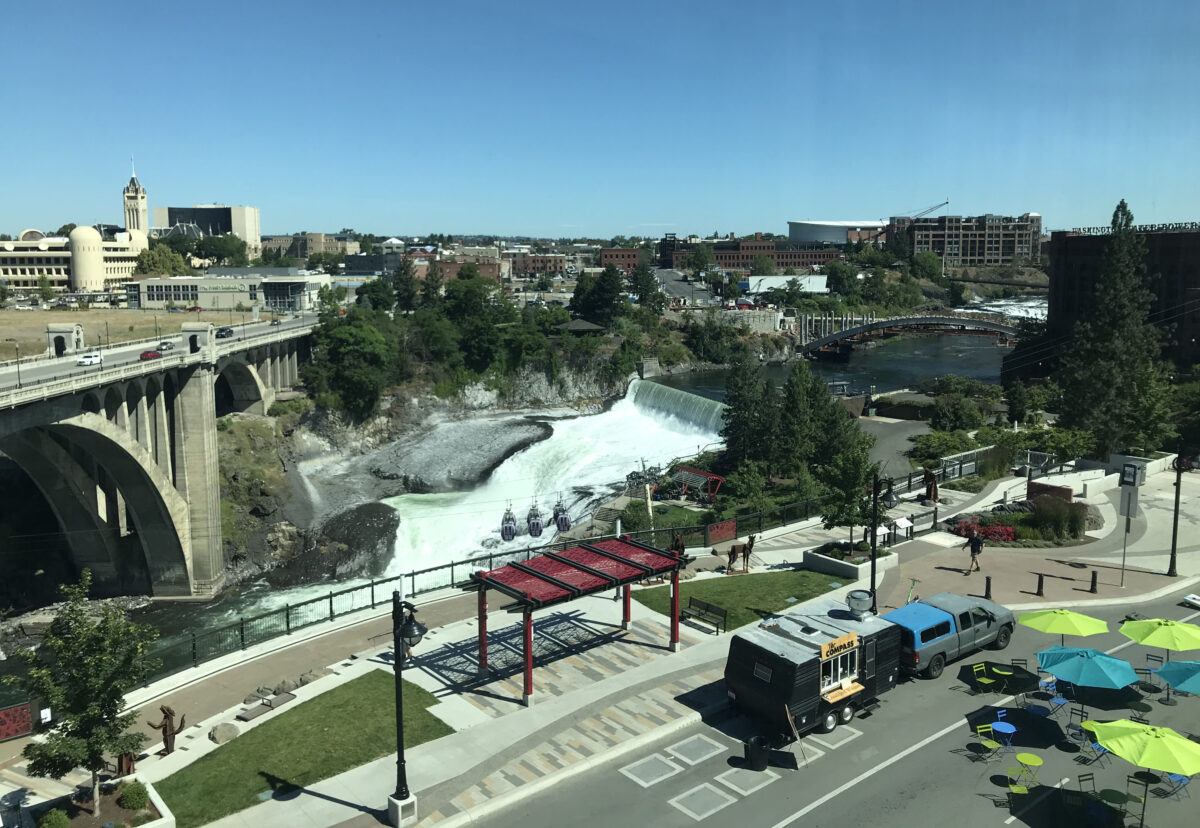 Exterior view of waterfalls from inside of Spokane Central Library