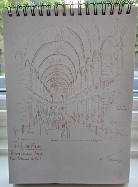 Hand drawn sketch of the long room at the Trinity College Library